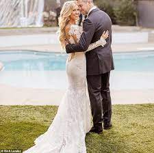 Christina El Moussa Is A Beautiful Bride In White Lace Coast Wedding Dress Wedding Dresses Lace Fairytale Dress