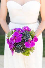 Hand painted tropical card with flowers, branch and leaves isolated on white. A Modern Whimsical Purple And Green Wedding Every Last Detail Purple Wedding Bouquets Succulent Bouquet Wedding Succulent Bouquet