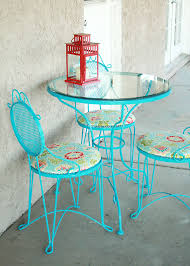 Lovely Turquoise Paint Metal Bistro Table Sets Combine Circle Clear Glass Countertop And Amusing Turquoi Bistro Table Outdoor Iron Patio Furniture Bistro Table