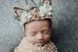 Darling Deer Neutral Organic Lace Fawn Deer Newborn Baby Headband Flower  Crown Bow
