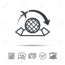 world map icon globe with arrow sign plane travel symbol chat