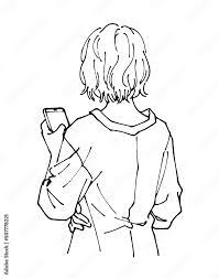 スマートフォンをいじる若い女性のイラスト お洒落な人物線画 後ろ姿 ショートヘア Stock Vector | Adobe Stock
