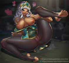 1girls ass blush breasts dark-skinned female dark skin exposed  breasts feet female green eyes hair ornament heart league of legends long  hair nipples niur open mouth partially clothed qiyana