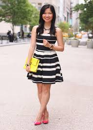 Skirt The Rules Blog Nyc Fashion Blogger Style Blog Spring Outfit Photo Black And White Striped D Black And Pink Dress Pink Dress Shoes Black N White Dress