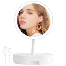 Led Lighted Makeup Mirrors with Accessories Storage Box and Lights, Mirror  with Rechargeable Build-in Battery with USB Cable, Angle Adjustable (White)  : Amazon.in: Beauty