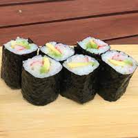 Shrimp tempura with peach, cucumber with mayo, eel sauce and bean sprouts. 31 Tekka Avo Maki