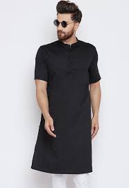 With a solid black color. Solid Color Cotton Kurta In Black Mve1041