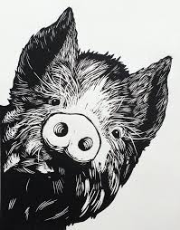 Curious Pig Limited Edition Linocut Print Animal Art Linocut Prints Linocut Animal Art