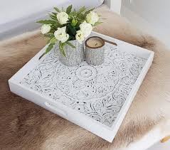 Amazonsmile Decorative Serving Tray For Ottomans Large Square With Handles White Carved Wooden Serving Trays For Serving Tray Decor Tray Decor Ottoman Tray