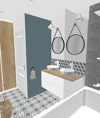 Rénovation d'une salle de bain dans les tons de gris clair, gris anthracite, blanc et bois. Projet Client Une Salle De Bain En Gris Bleu Orage Et Bois Naturel Sonia Saelens Deco