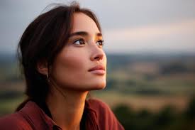 mulher olhares fixos para cima, esperançoso, em morro com rolando Campos às  pôr do sol brilho 68853091 Foto de stock no Vecteezy