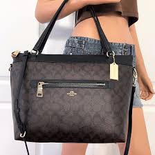 Black And Brown Coach Purse Nwt Coach Black Brown Signature Pvc Leather Large Shoulder Tote Bag Purse Coach Totesshoppers Tote Bag Purse Shoulder Tote Bag Purses And Bags