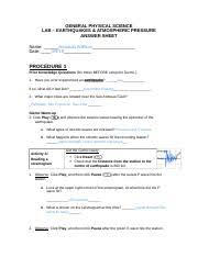 Check spelling or type a new query. Answer Sheet Earthquakes Pressure14 Form1 General Physical Science Lab Earthquakes Atmospheric Pressure Answer Sheet Name Amanda Willison Date Course Hero
