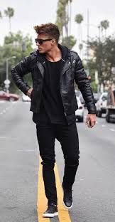 Casual Street Wear In A Monochrome All Black Combo With Black Leather Jacket Black Hoodie Jacket B Sneakers Outfit Men Stylish Men Casual Casual Leather Jacket