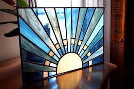 Stained Glass Blue Sky Sunrise Blue Art Deco Stained Glass Etsy Stain Glass Window Art Glass Window Art Diy Stained Glass Window