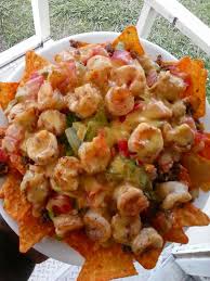 Omg Shrimp Beef Nachos Layer Spicy Doritos Taco Seasoned Ground Beef Tomatoes Lettuce Black Olives Grilled Shrimp An Food Recipies Food Seafood Recipes