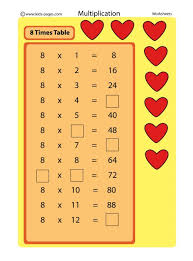 Grade 3 math worksheets on multiplication tables of 7, 8 and 9. 8 Times Table Worksheet