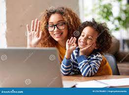 Happy Afro American Family Mom and Son Waving at Webcam while Having Video  Call with Family on Laptop Stock Photo - Image of cheerful, internet:  216796482