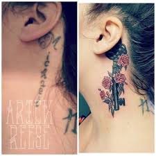Name Coverup Tattoo Behind Ear Key With Roses Tattoos Cover Up Tattoos Cover Up Tattoo