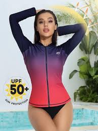 Long Sleeve Rash Guard UV Sun Protection Zipper Gradient Swimsuit Top, Size M