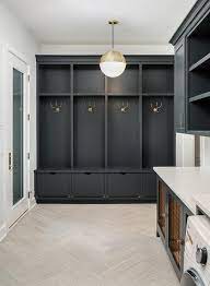 All hooks and pulls are included. Black Mudroom Lockers With Black Shoe Drawers Transitional Laundry Room