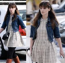 Check out zooey deschanel's style highs and lows. Check Print Dress With Collar And Denim Jacket In Los Angeles Zooey Deschanel Style Fashion New Girl Style