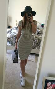 Black And White Striped Bodycon Dress Outfit Striped Black And White Lace Up Knit Bodycon Dress Floppy Sun Hat Adidas Sneakers Michael Kors Cute Casual Outfits Dress With Sneakers Knitted Bodycon Dress
