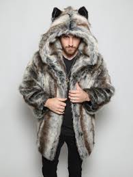 Classic Grey Wolf Faux Fur Coat Mens Fur Coat Mens Outfits Best Mens Fashion