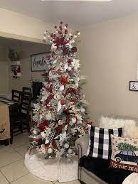 Farmhouse Christmas Tree Flocked Tree Buffalo Plaid Ribbon Red Black And Wh Pencil Christmas Tree Christmas Tree Inspiration Silver Christmas Tree Decorations