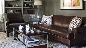 Get 5% in rewards with club o! Morgan Harrison Home Dens Libraries Offices Gray Grasscloth Gray Grasscloth Wal Brown And Blue Living Room Leather Couches Living Room Living Room Leather