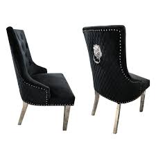 These fantastic dark grey french velvet dining chairs, finished with a lions head door knocker handle and chrome legs, are a one of a kind luxurious addition to any dining set. Luxury Black Velvet Chrome Leg Quilted Back Lion Head Dining Chairs Set Of 2 The Furniture Mega Store