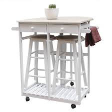 Rolling kitchen island with breakfast bar. Amazon Com Ssline 3pcs Wood Dining Table Set With 2 Stools Drop Leaf Rolling Breakfast Bar Table And Chair Set Kitchen Island Trolley Cart On Wheels Folding Space Saving Table For Apartment