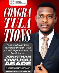 Congratulations from Jonathan O. Asare Esq., Vice President aspirant of  Young lawyers' Forum to the over 700 lawyers who are billed to be called to  the Bar tomorrow (11th October, 2024).