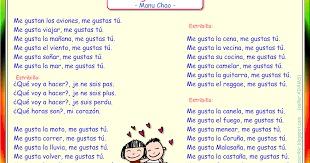 Its lyrics have a simple but catchy structure and it is mostly in spanish with part of the chorus in french. Me Encanta Escribir En Espanol Cancion Me Gustas Tu Manu Chao