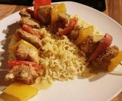 Hahnchen Paprika Spiesse Mit Reis Und Curry Senf Sosse Rezept Hauptgerichte Mit Fleisch Hauptgericht Einfache Gerichte
