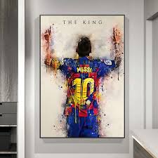 Een tekening van lionel messi. Abstract Football Star King Messi Watercolor Poster Prints Canvas Painting Wall Art Pictures For Home Decoration Cuadros Painting Calligraphy Aliexpress