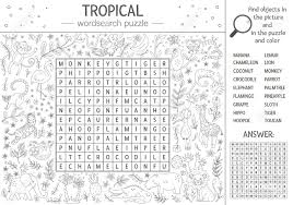 Find the summer words and have a fun and inspiring vacation. Vector Summer Wordsearch Puzzle Keyword With Tropical Animals And Birds For Children Educational Black And White Jungle Crossword Activity With Cute Characters Fun Coloring Page For Kids Royalty Free Cliparts Vectors And