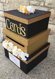 Black And Gold Card Box Custom Wedding Card Box 3 Tier Card Holder Square Black And Gold White And Gold Flowers Custom Wedding Card Box Gold Card Box Wedding Custom Wedding Cards