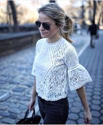 Pretty White Lace Blouse With Black Pants And Handbag Clothes Fashion Style