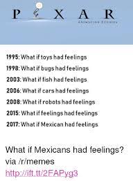 Pixar Animation Studios 1995 What If Toys Had Feelings 1998 What If Bugs Had Feelings 2003 What If Fish Had Feelings 2006 What If Cars Had Feelings 2008 What If Robots Had
