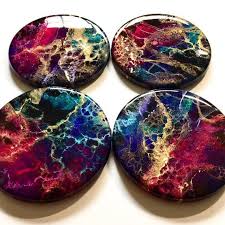 Hand Painted Wood Coaster Set Of 4 Functional Art Abstract Art Resin Art Coaster Art Galaxy Art Happy Vibes Home Decor Resin Art Resin Art Painting Coaster Art