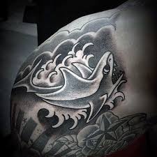 Black And White Shark Tattoo Sleeve 70 Traditional Shark Tattoo Designs For Men Old School Ideas Shark Tattoos Tattoo Designs Men Traditional Shark Tattoo