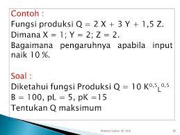 Fungsi produksi menurut pindyck dan rubenfeld (2007:211) sebuah fungsi produksi menunjukan output tertinggi q yang dapat dibuat oleh perusahaan untuk sebuah kombinasi tertentu input produksi. Contoh Soal Fungsi Produksi