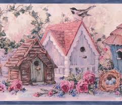 Border has blue and burgundy hydrangea with green leaves running across it. Roll 15 X 7 Rustic Pink Blue Flowers Birdhouses Vintage Wallpaper Border Retro Design Wallpaper Borders Painting Supplies Tools Wall Treatments