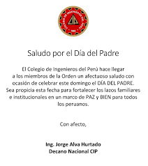 Las familias más numerosas suelen realizar comidas lo países que celebran el día del padre el tercer domingo de junio son: Ver Nota De Prensa Saludo Dia Del Padre Colegio De Ingenieros Del Peru