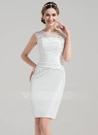 Us 169 00 Sheath Column Illusion Knee Length Satin Wedding Dress With Ruffle Appliques Lace Jj S House Ruffle Wedding Dress Satin Wedding Dress Stunning Wedding Dresses
