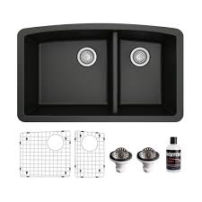 Blanco diamond granite 33 in. Karran Usa Qu 711 Undermount Quartz Composite 32 Inch Double Bowl 60 40 Kitchen Sink Kit In Black