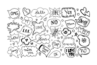 A set of speech bubbles with hand-drawn dialogue words in doodle ...