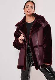 Wine Faux Fur Sleeve Oversized Aviator Jacket Missguided Aviator Jackets Coats Jackets Women Oversized Aviators