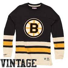 Center front distressed and faux applique screen print. Mitchell Ness Boston Bruins Vintage Line Change Long Sleeve T Shirt Black Boston Bruins Black Shirt Long Sleeve Shirts